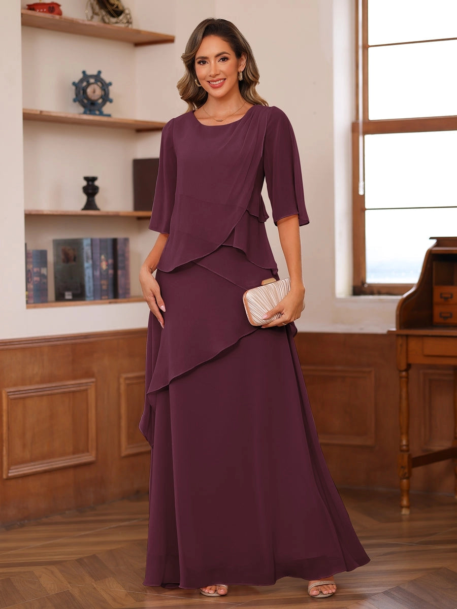 Blush Pink A-Line Round-Neck Flutter-Sleeve Zip-Back Floor-Length Mother of the Bride Dress
