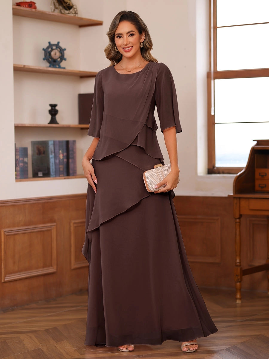 Blush Pink A-Line Round-Neck Flutter-Sleeve Zip-Back Floor-Length Mother of the Bride Dress