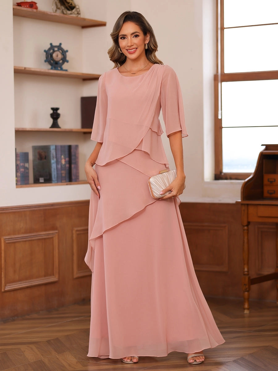 Blush Pink A-Line Round-Neck Flutter-Sleeve Zip-Back Floor-Length Mother of the Bride Dress