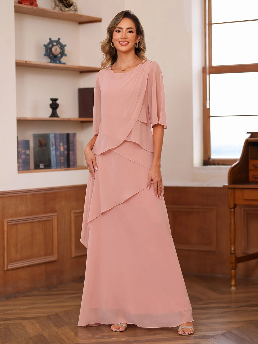 Blush Pink A-Line Round-Neck Flutter-Sleeve Zip-Back Floor-Length Mother of the Bride Dress