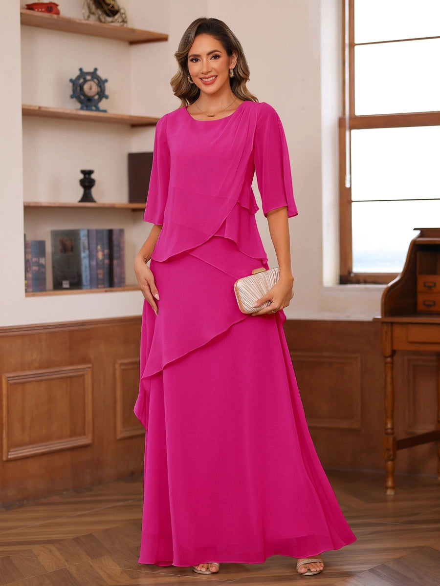 Blush Pink A-Line Round-Neck Flutter-Sleeve Zip-Back Floor-Length Mother of the Bride Dress