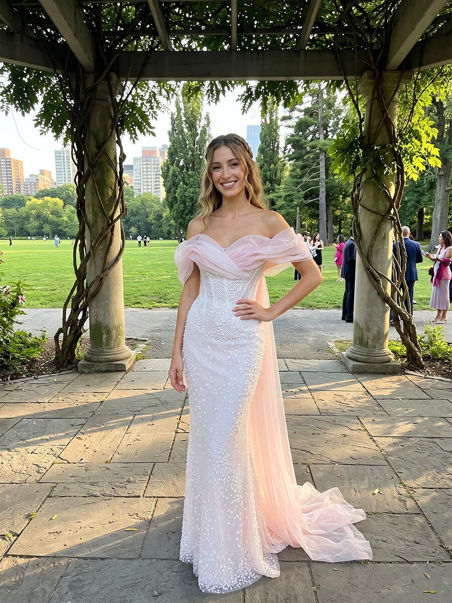Loverlm blush pink evening dress with off-shoulder tulle neckline beaded embellishment fitted floor-length column skirt and flowing cape train