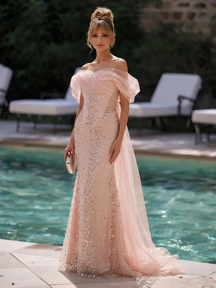 Romantic Column Off-Shoulder Beaded Tulle Cape Floor-Length Evening Dress