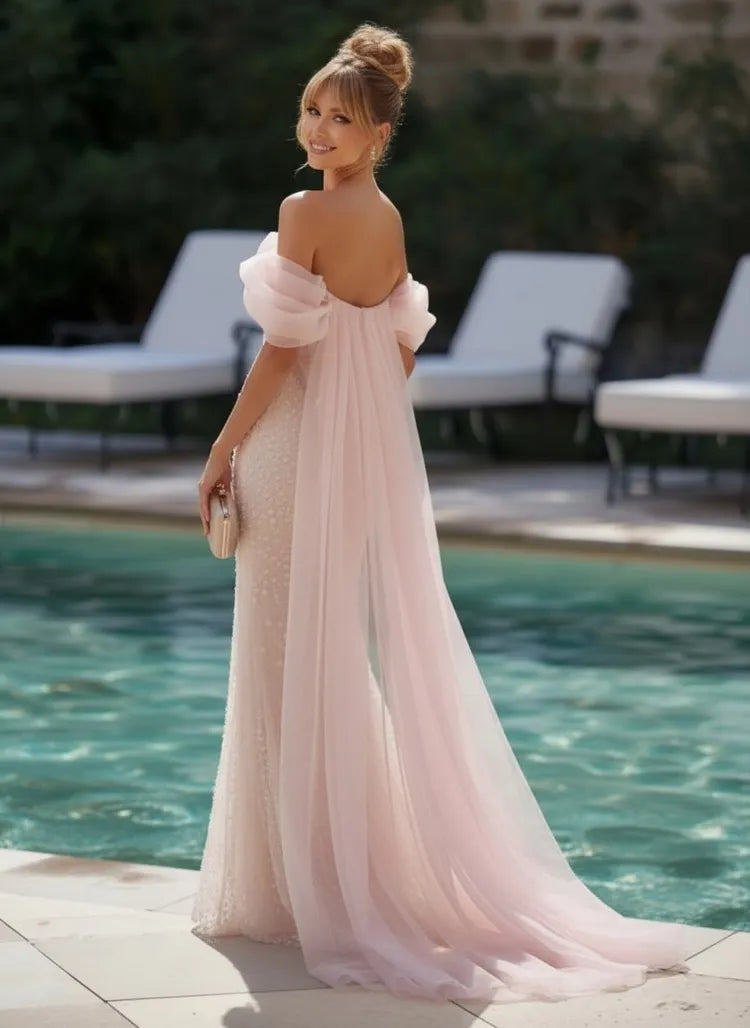 Romantic Column Off-Shoulder Beaded Tulle Cape Floor-Length Evening Dress