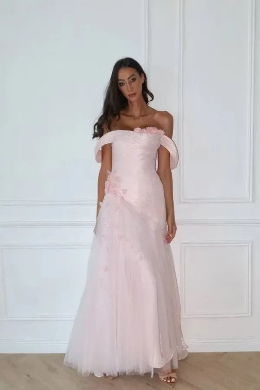 Loverlm blush pink bridesmaid dress with sweetheart off-shoulder ruched bodice floral details and flowing floor-length tulle A-line skirt