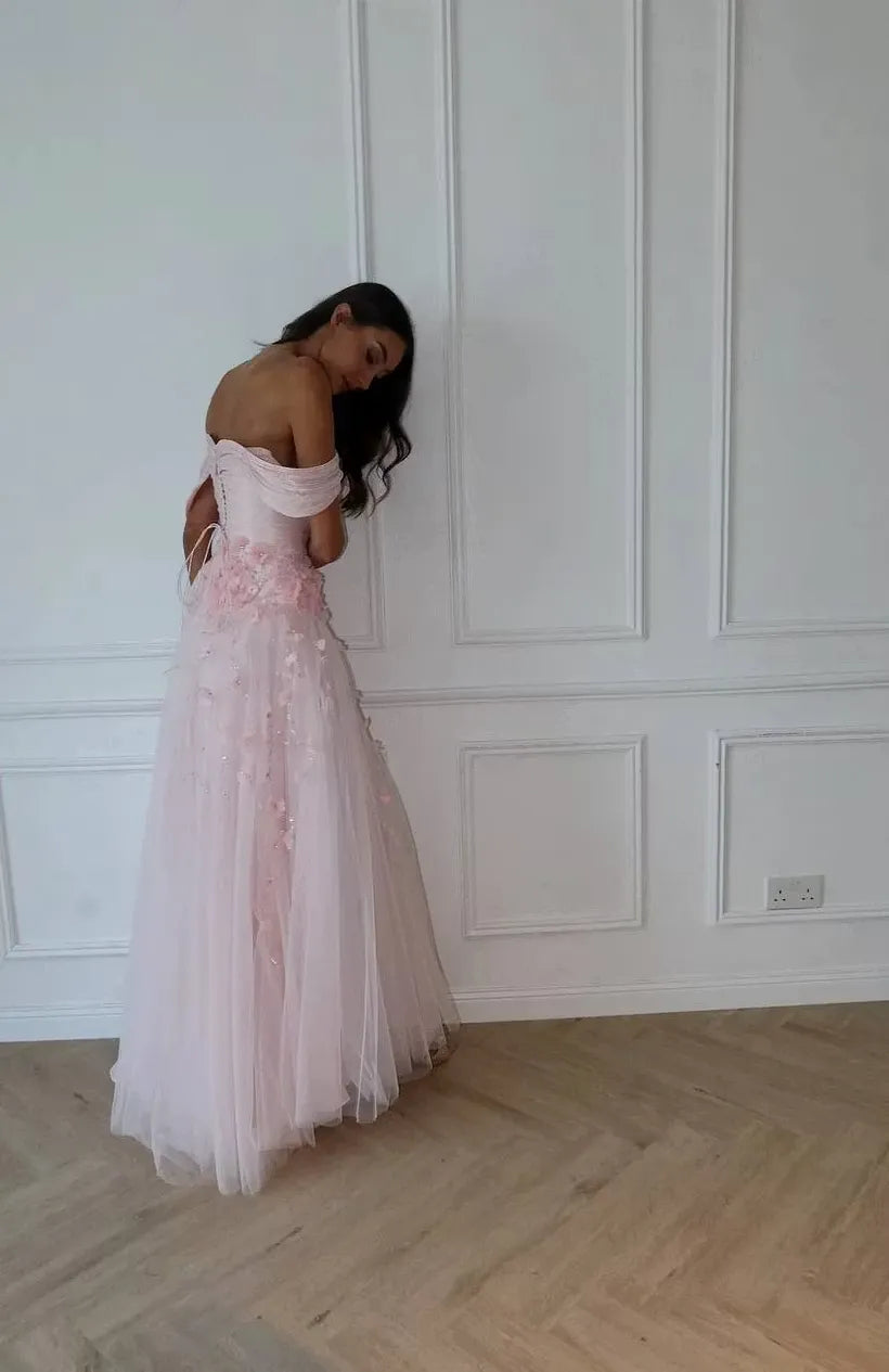Romantic A-Line Sweetheart Off-Shoulder Floral Lace-Up Floor-Length Prom Dress
