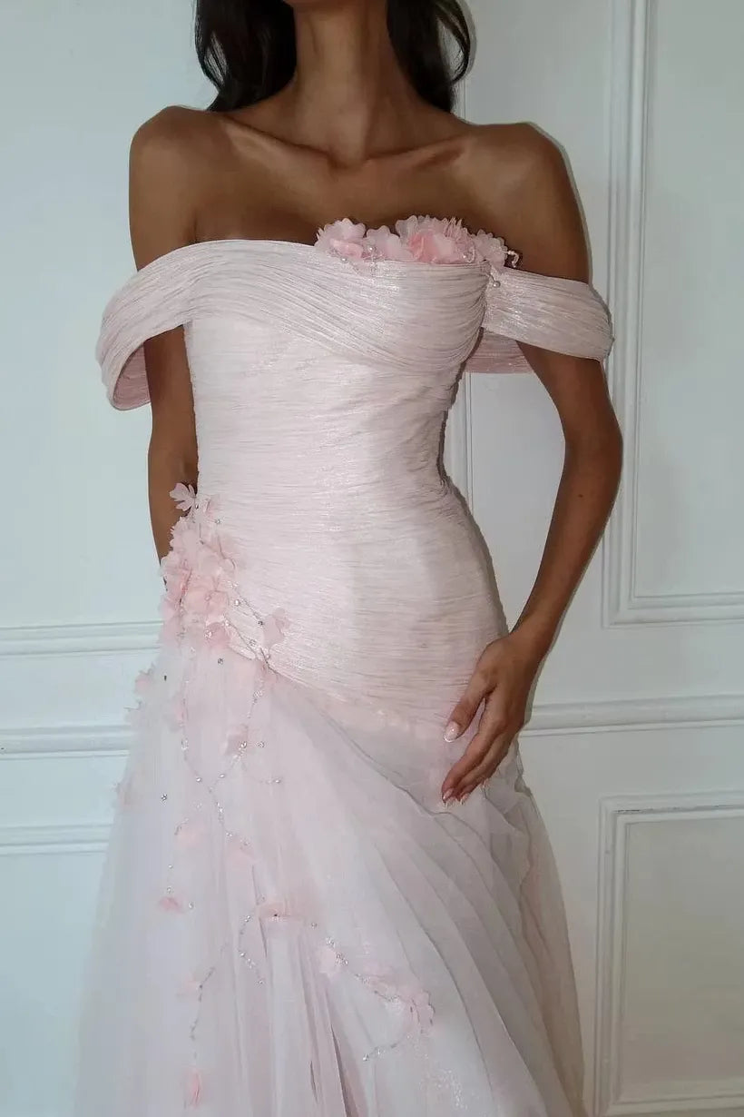 Romantic A-Line Sweetheart Off-Shoulder Floral Lace-Up Floor-Length Prom Dress