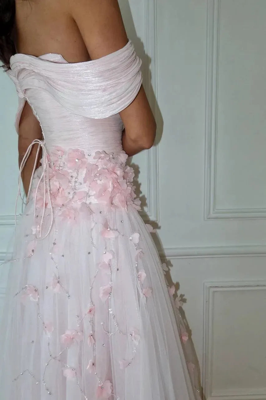 Romantic A-Line Sweetheart Off-Shoulder Floral Lace-Up Floor-Length Prom Dress