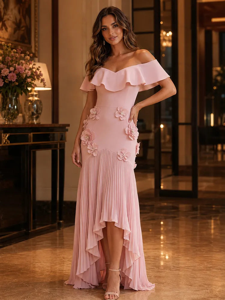 Loverlm blush pink off-shoulder floral high-low wedding guest dress front view