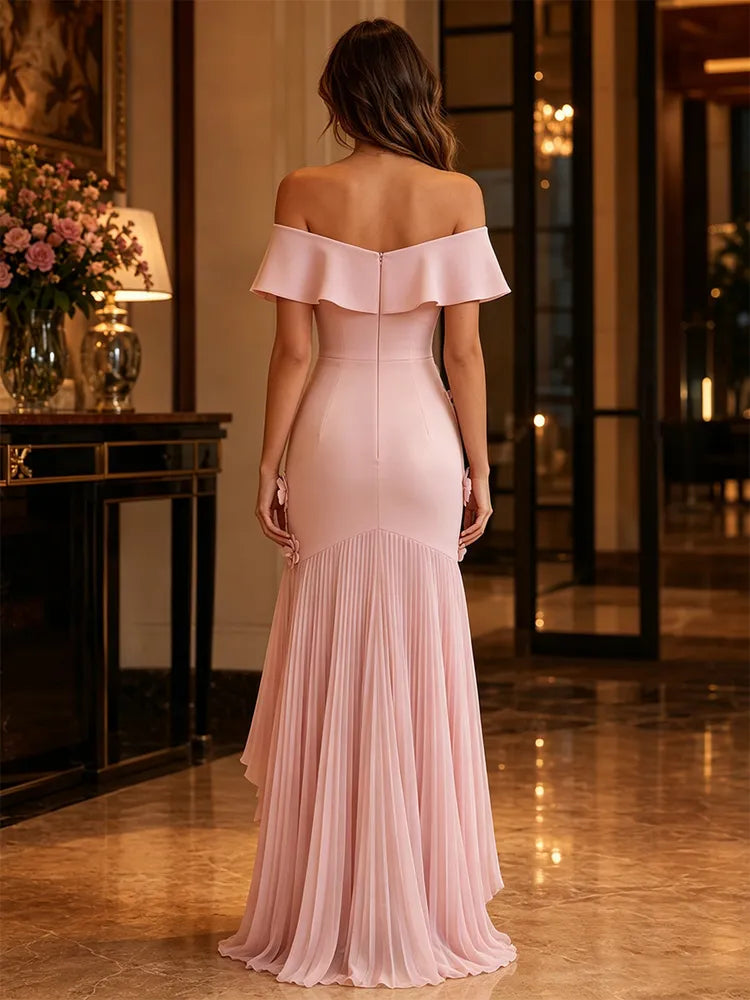 Romantic Mermaid Off-Shoulder Short Sleeve Chiffon High-Low Wedding Guest Dress