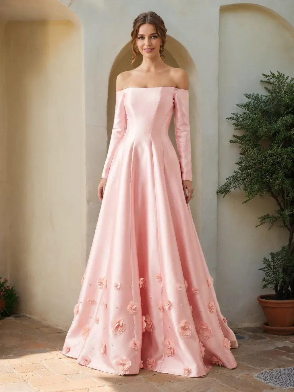 Romantic A-Line Off-Shoulder Long-Sleeve Lace-Up Floral Floor-Length Prom Dress