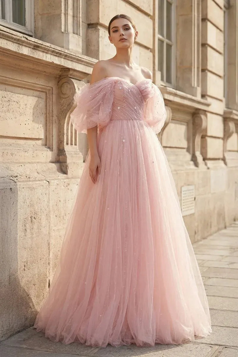 Loverlm blush pink off shoulder tulle A-line prom dress with puff sleeves and sparkling details front view
