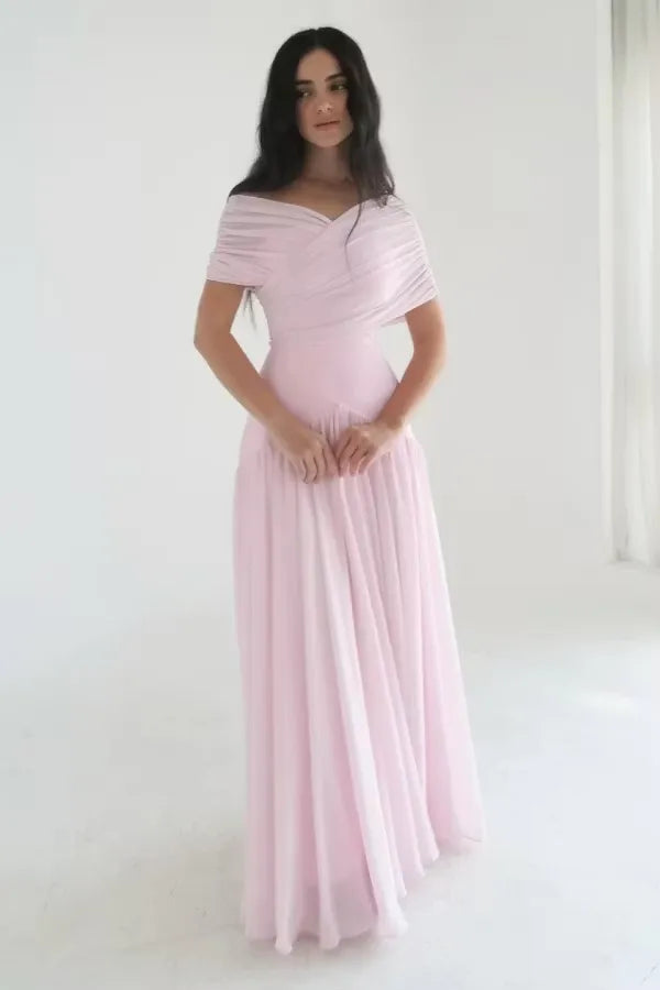 Loverlm blush pink bridesmaid dress with V-neck off-shoulder wrap bodice fitted waist and flowing floor-length A-line skirt
