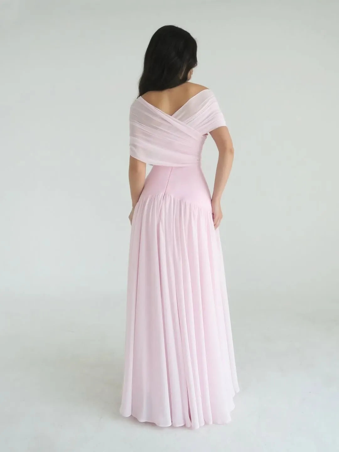 Romantic A-Line V-Neck Off-Shoulder V-Back Floor-Length Wedding Guest Dress