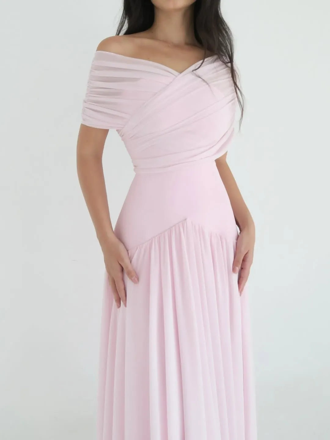 Romantic A-Line V-Neck Off-Shoulder V-Back Floor-Length Wedding Guest Dress