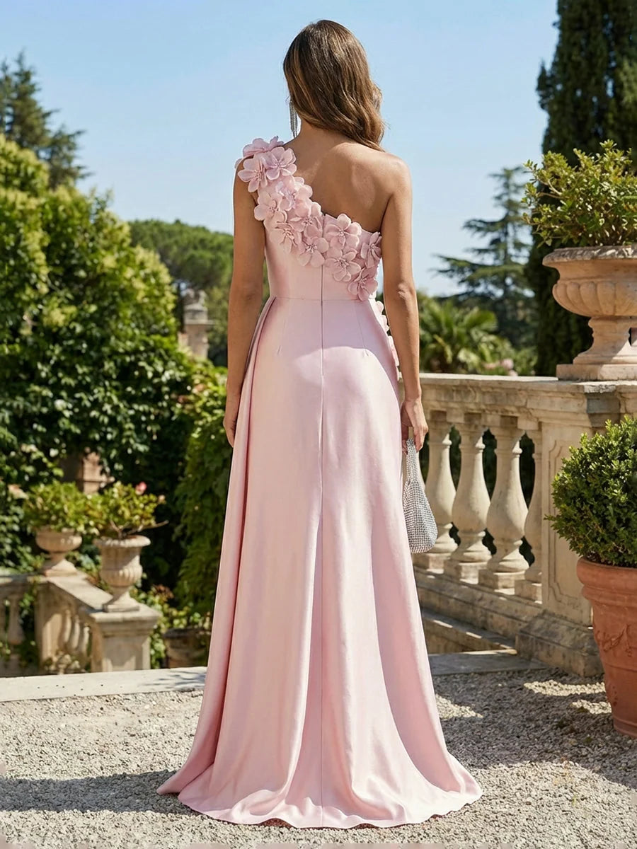 Romantic Sheath One Shoulder Sleeveless Crepe Floor Length Evening Dress
