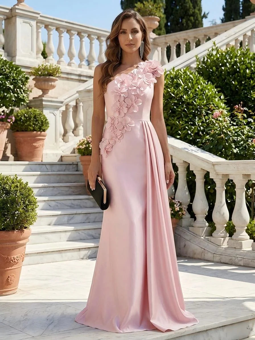 Romantic Sheath One Shoulder Sleeveless Crepe Floor Length Evening Dress