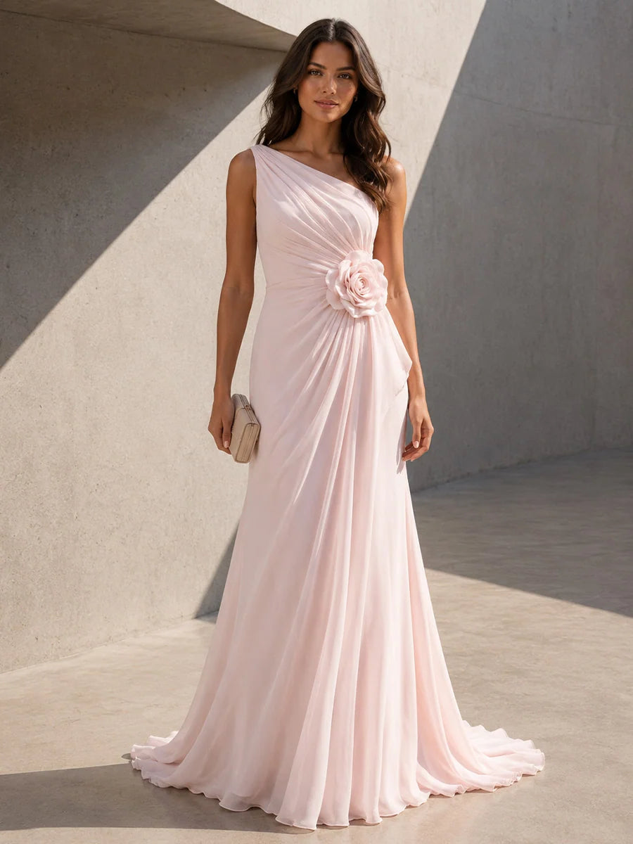Blush pink one shoulder chiffon wedding guest dress with ruched bodice, oversized 3D floral rosette, flowing A-line skirt and sweep train by Loverlm