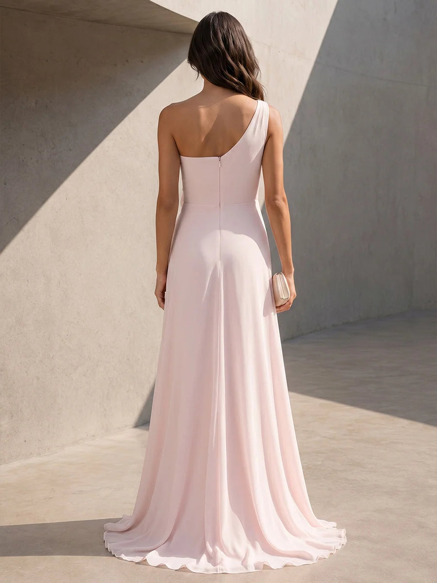 Romantic A-Line One Shoulder Sleeveless Chiffon Floor Length Wedding Guest Dress