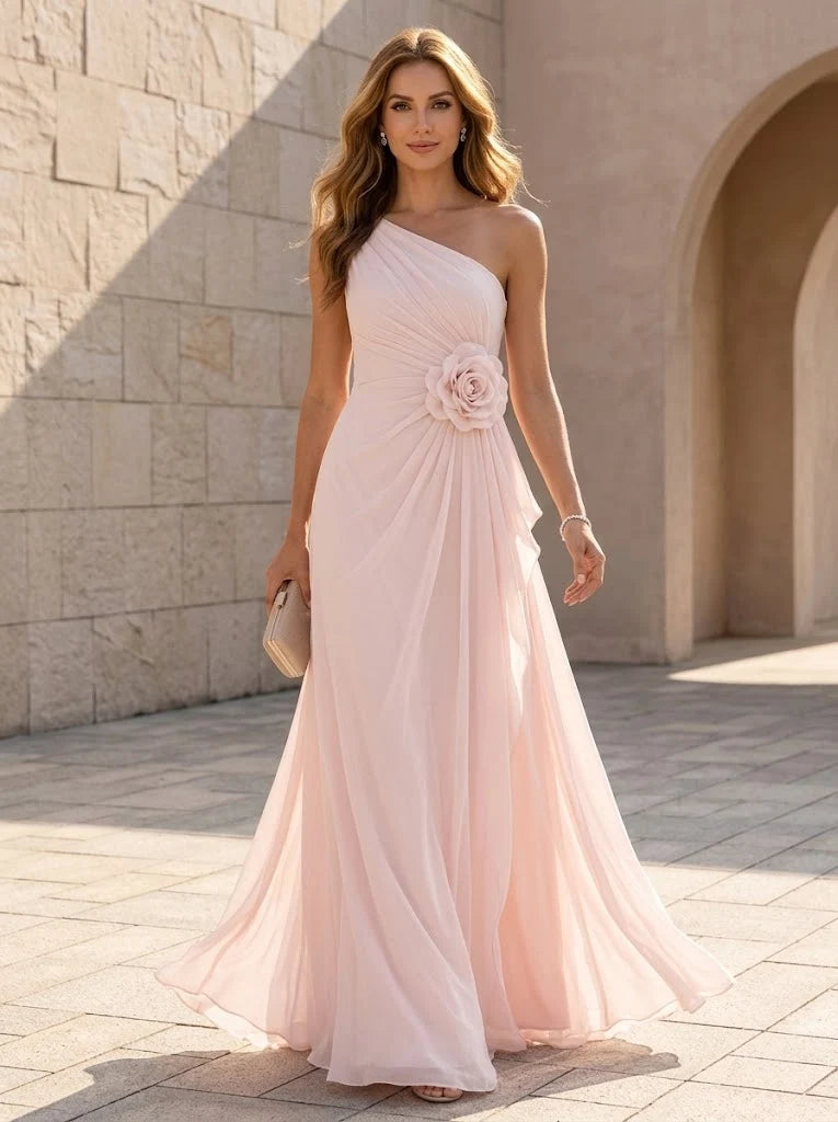 Romantic A-Line One Shoulder Sleeveless Chiffon Floor Length Wedding Guest Dress