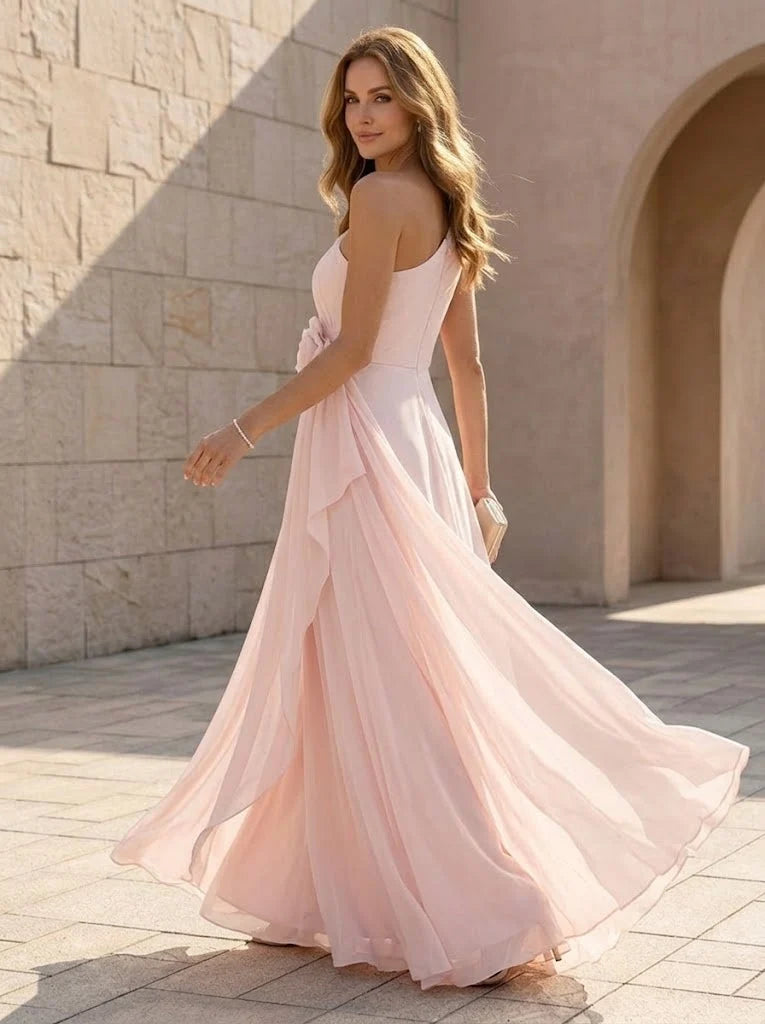 Romantic A-Line One Shoulder Sleeveless Chiffon Floor Length Wedding Guest Dress