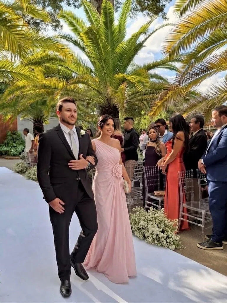 Romantic A-Line One Shoulder Sleeveless Chiffon Floor Length Wedding Guest Dress