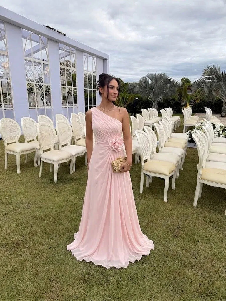 Romantic A-Line One Shoulder Sleeveless Chiffon Floor Length Wedding Guest Dress