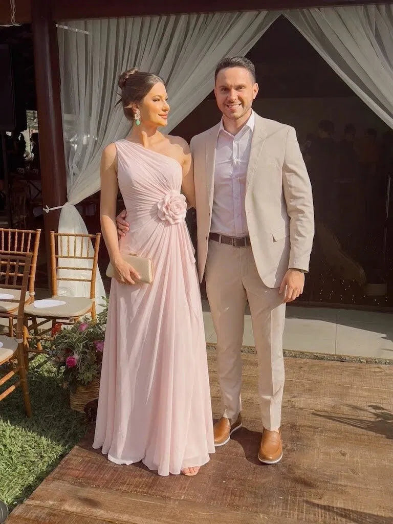 Romantic A-Line One Shoulder Sleeveless Chiffon Floor Length Wedding Guest Dress