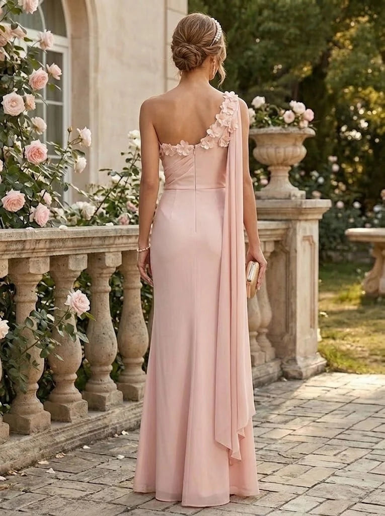Romantic Sheath Asymmetric Neck Sleeveless Chiffon Floor Length Evening Dress