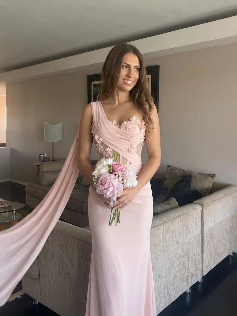Romantic Sheath Asymmetric Neck Sleeveless Chiffon Floor Length Evening Dress