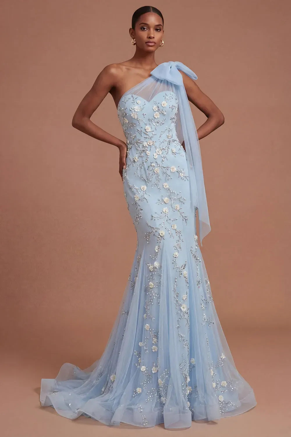 Romantic Blush Mermaid Sweetheart One-Shoulder Bow Zipper-Back Floor-Length Prom Dress