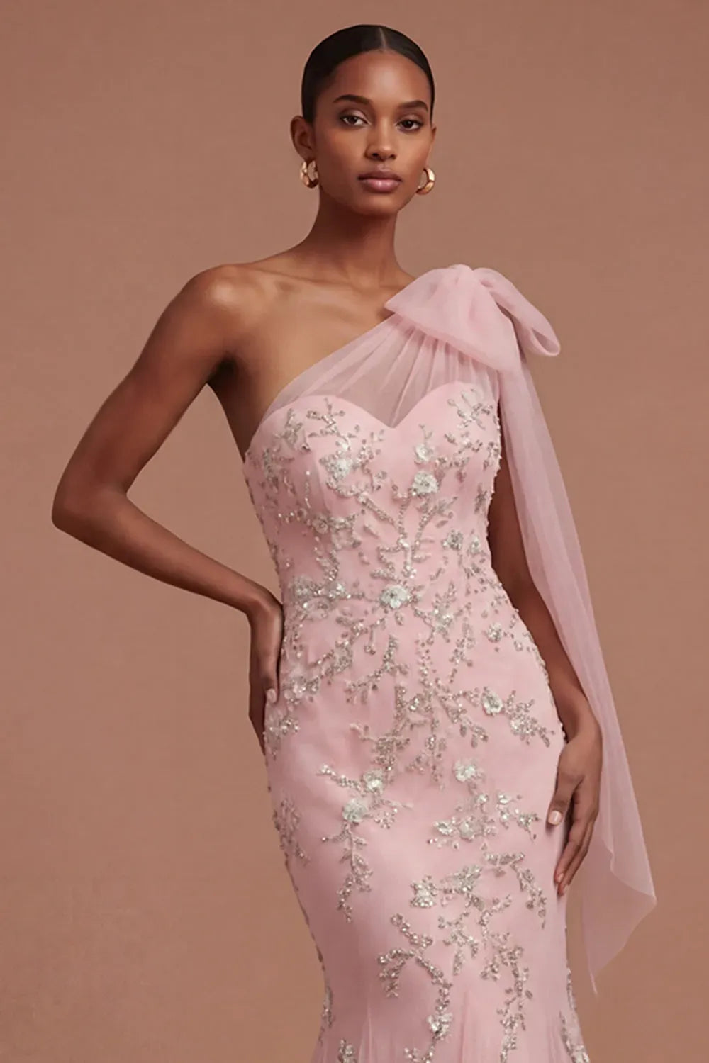 Romantic Blush Mermaid Sweetheart One-Shoulder Bow Zipper-Back Floor-Length Prom Dress