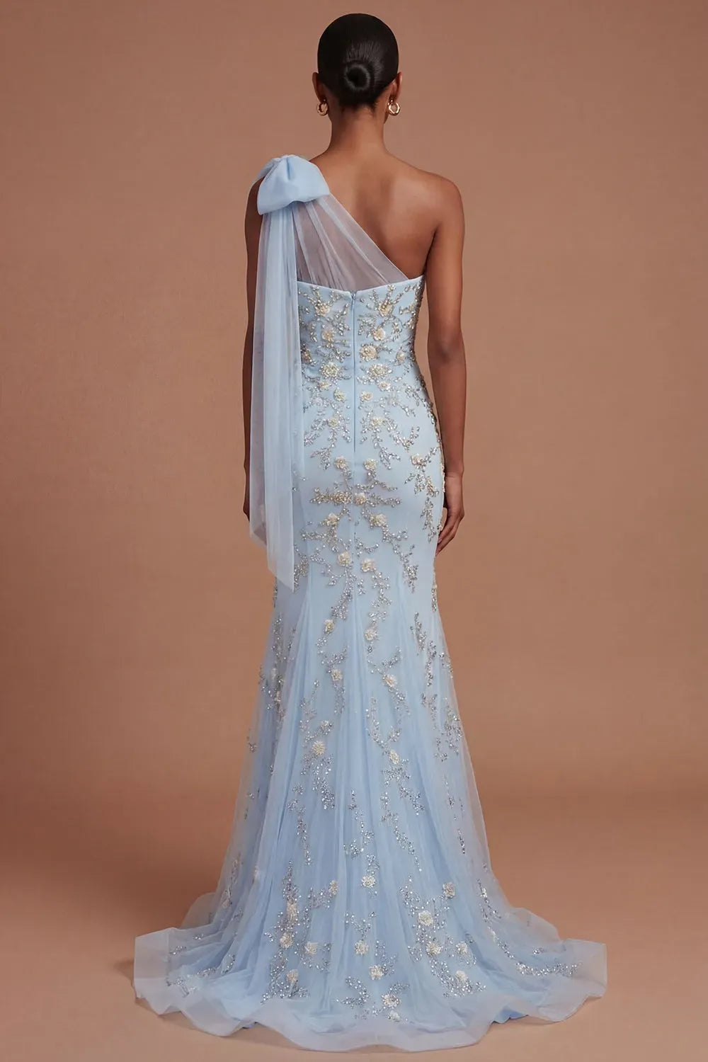 Romantic Blush Mermaid Sweetheart One-Shoulder Bow Zipper-Back Floor-Length Prom Dress