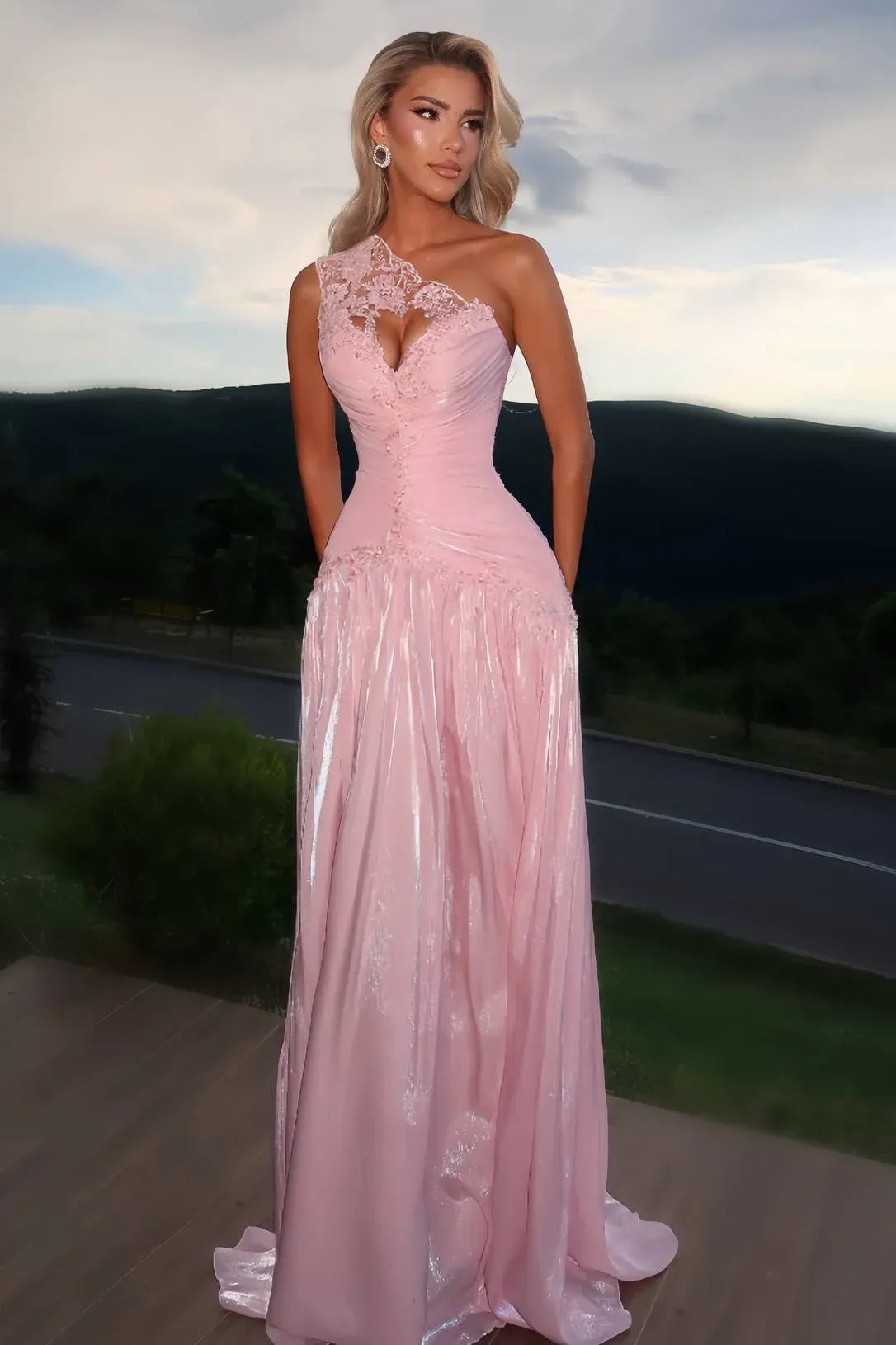Loverlm blush pink one shoulder prom dress with lace keyhole ruched bodice and flowing floor-length A-line skirt
