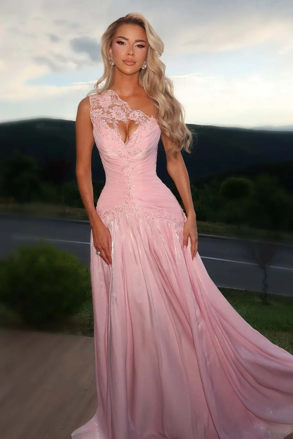 Elegant A-Line Asymmetric One-Shoulder Lace Ruched Floor-Length Prom Dress