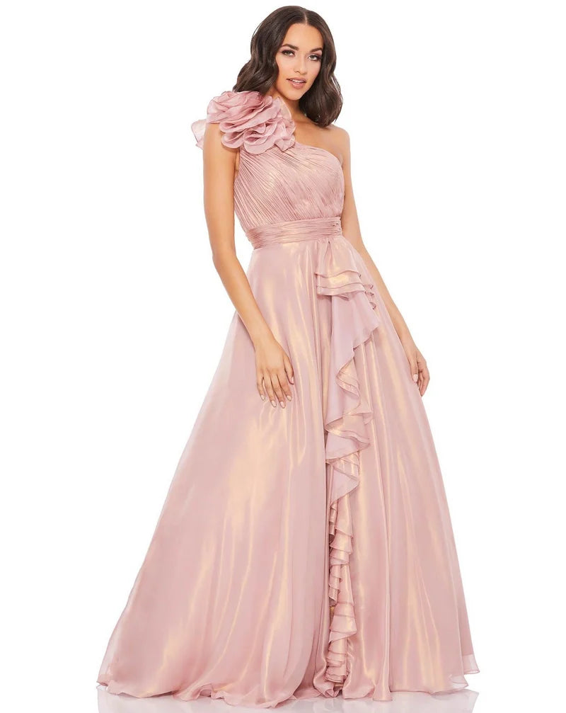 Loverlm blush pink one-shoulder prom dress with ruched bodice floral ruffle detail cascading front ruffle and flowing A-line skirt