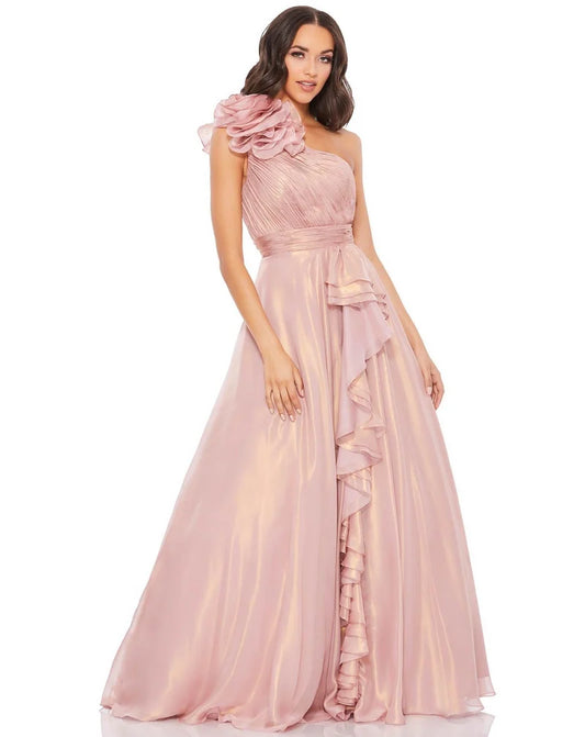 Loverlm blush pink one-shoulder prom dress with ruched bodice floral ruffle detail cascading front ruffle and flowing A-line skirt