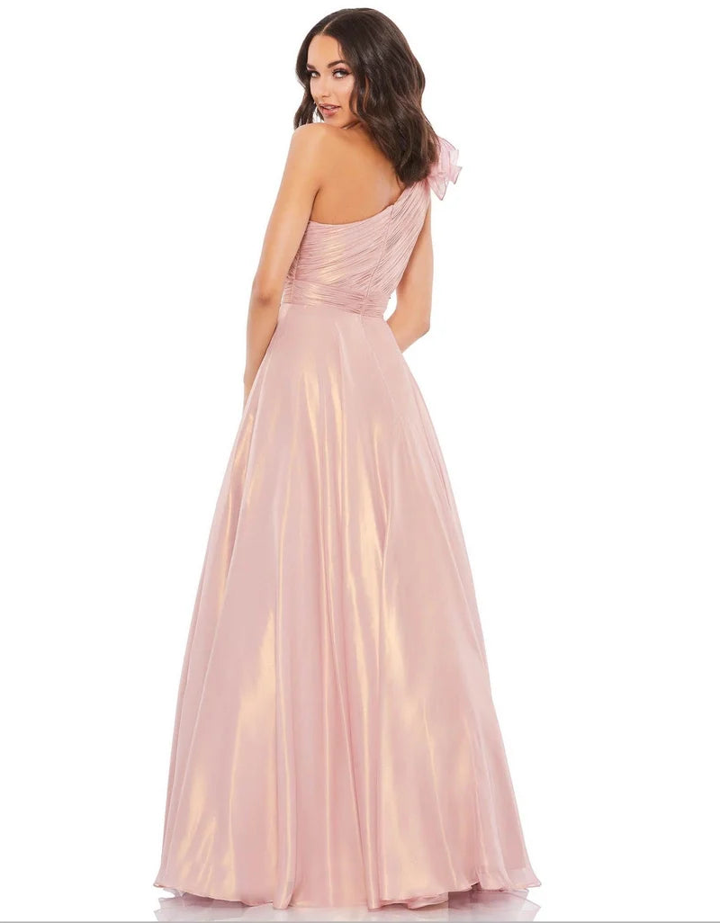 Romantic Blush A-Line One-Shoulder Sleeveless Ruched Closed-Back Floor-Length Prom Dress