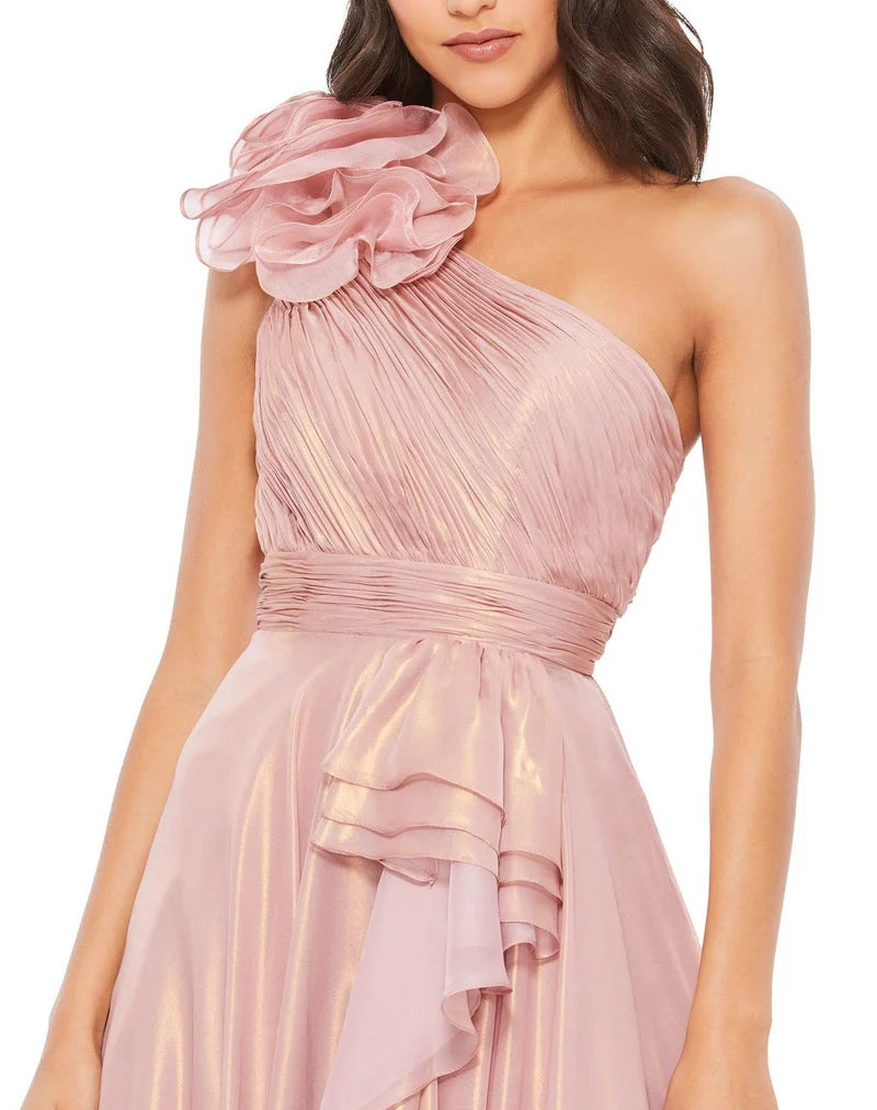 Romantic Blush A-Line One-Shoulder Sleeveless Ruched Closed-Back Floor-Length Prom Dress