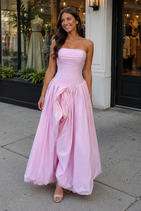 Loverlm blush pink organza A-line prom dress with strapless ruched bodice, asymmetric draped overlay, and full skirt