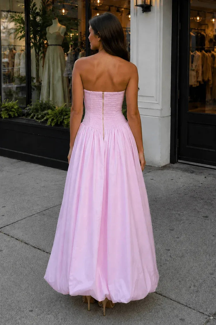 Romantic Blush Organza A-Line Strapless Ruched Zipper Back Full-Length Prom Dress