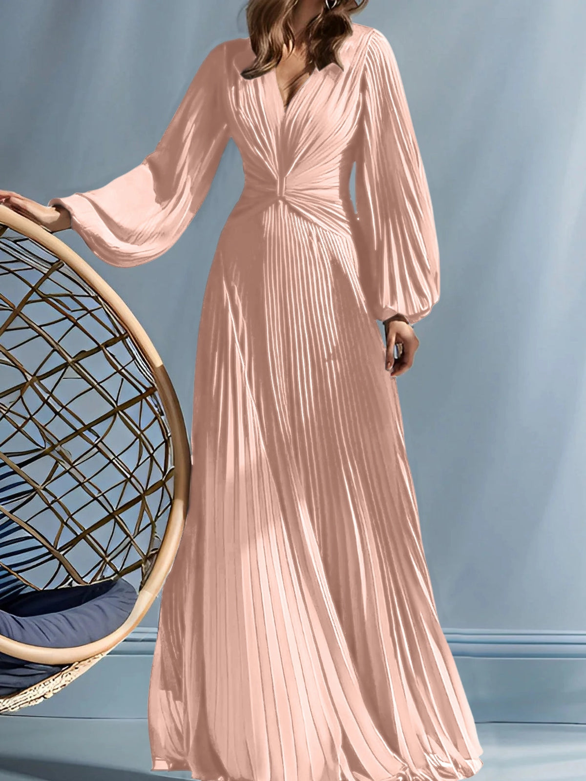 Elegant A-Line V-Neck Long Sleeve V-Back Pleated Maxi Mother of the Bride Dress