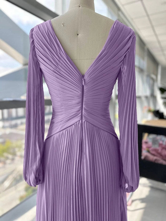 Elegant A-Line V-Neck Long Sleeve V-Back Pleated Maxi Mother of the Bride Dress