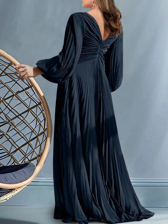Elegant A-Line V-Neck Long Sleeve V-Back Pleated Maxi Mother of the Bride Dress