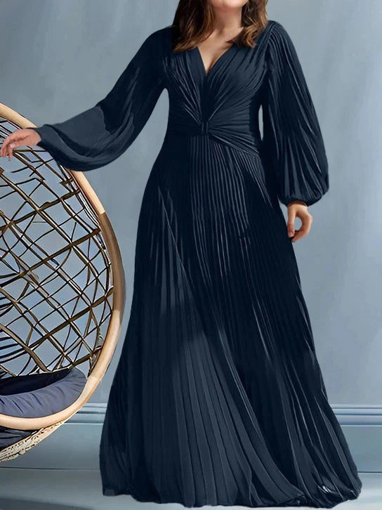 Elegant A-Line V-Neck Long Sleeve V-Back Pleated Maxi Mother of the Bride Dress