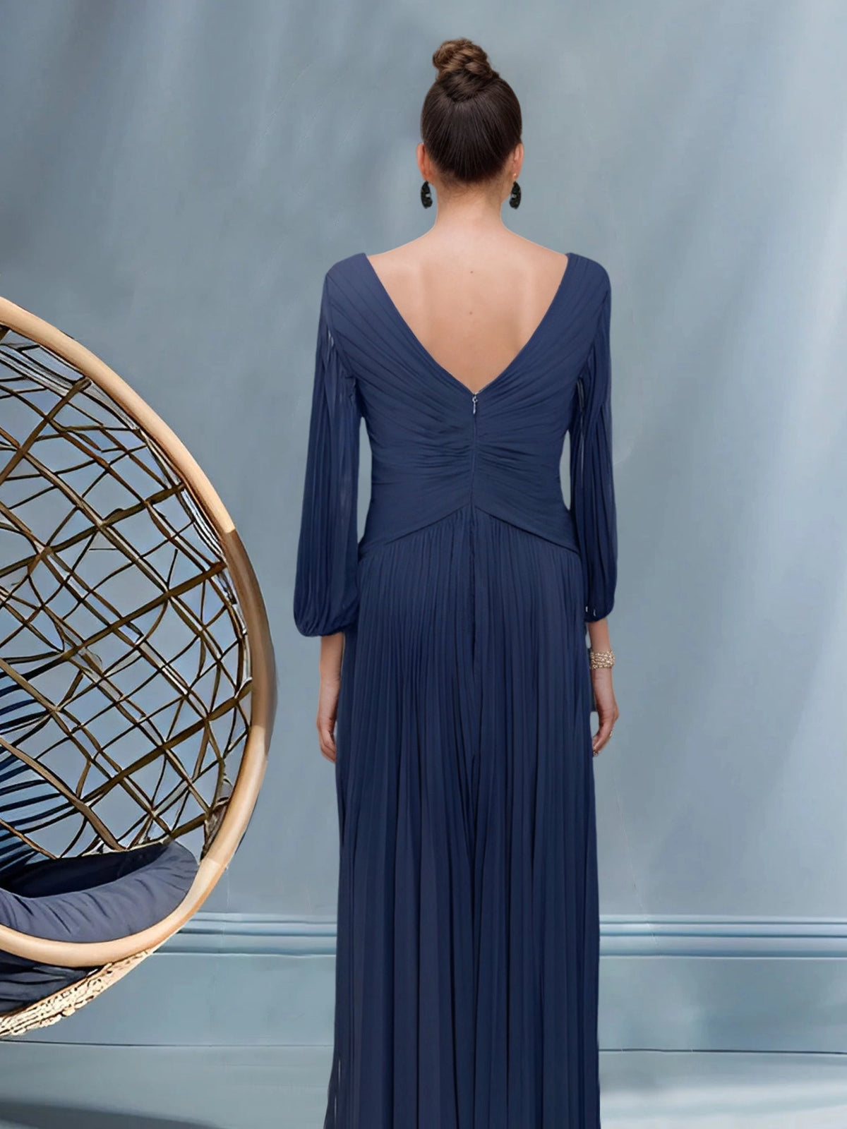 Elegant A-Line V-Neck Long Sleeve V-Back Pleated Maxi Mother of the Bride Dress