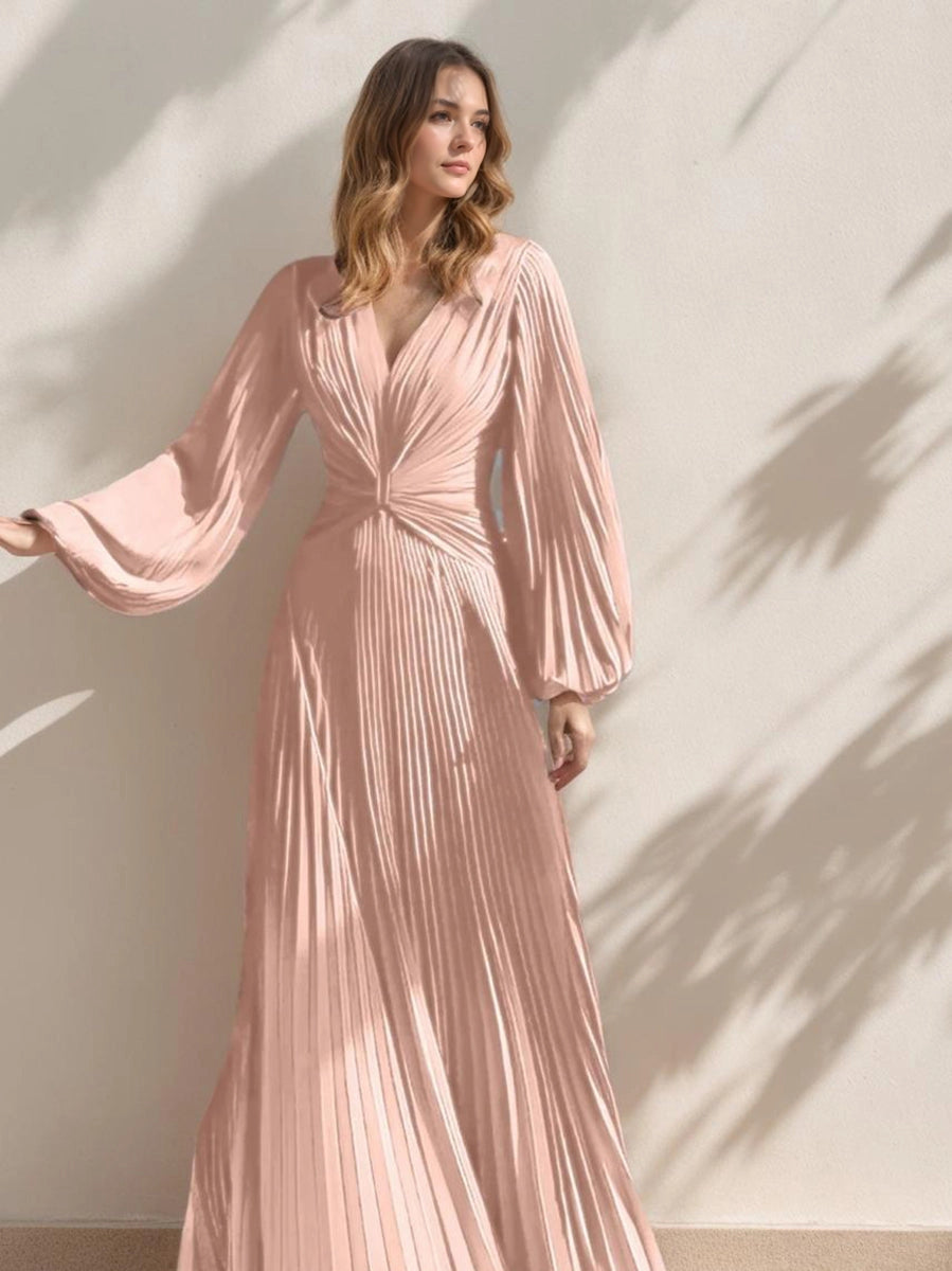 Elegant A-Line V-Neck Long Sleeve V-Back Pleated Maxi Mother of the Bride Dress