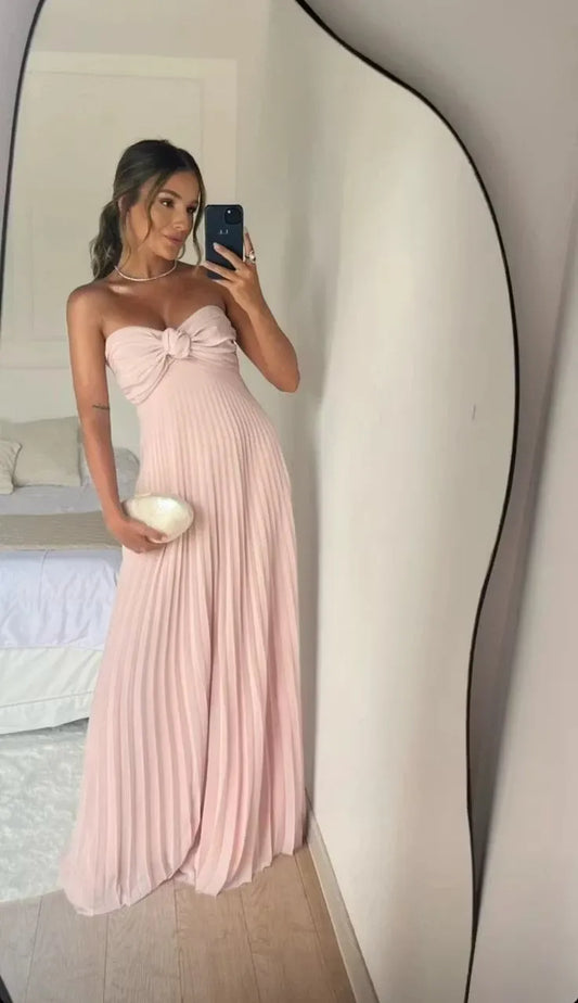 Loverlm blush pink bridesmaid dress with strapless sweetheart neckline twisted bow bust and pleated floor-length skirt
