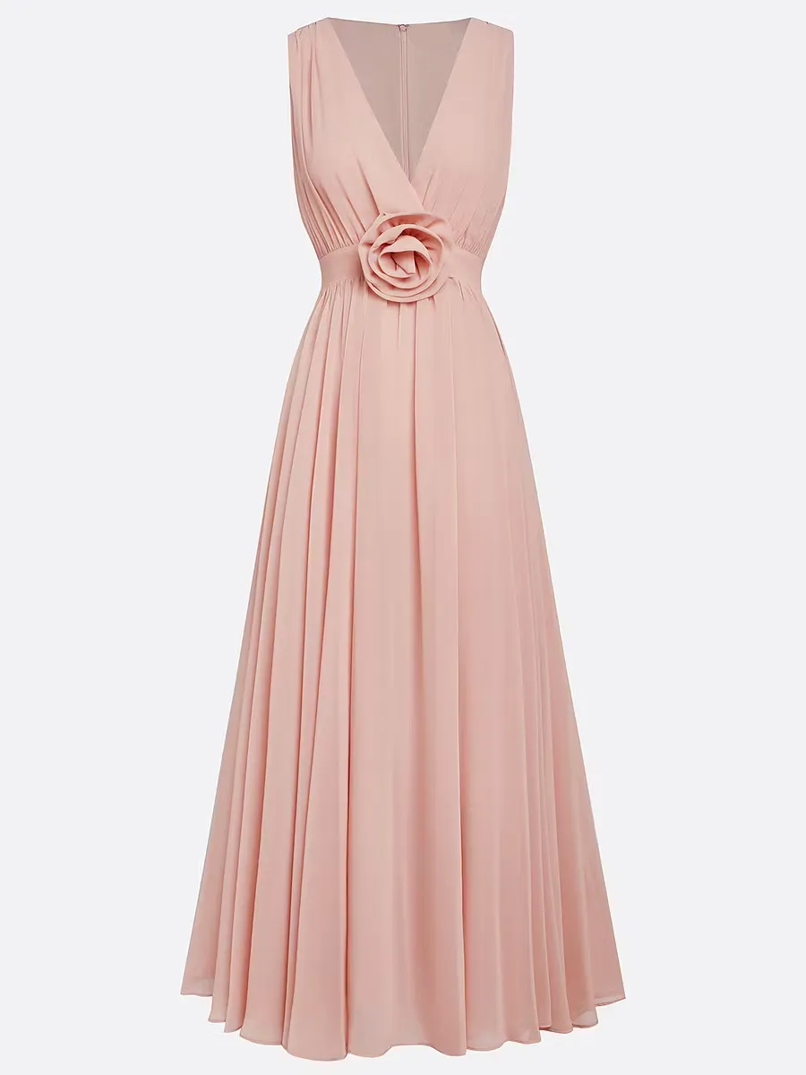 Romantic A-Line V-Neck Sleeveless Closed-Back Floor-Length Wedding Guest Dress