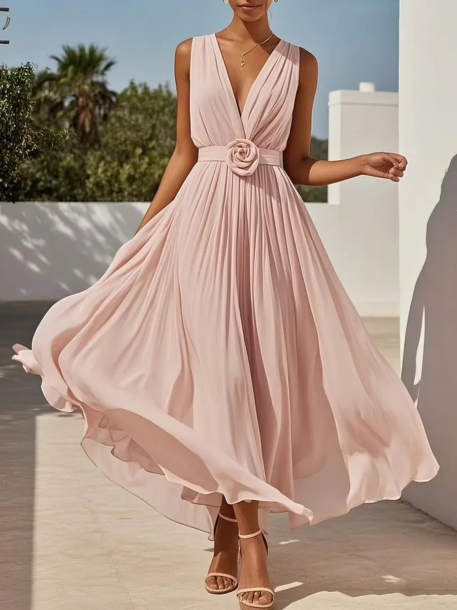 Romantic A-Line V-Neck Sleeveless Closed-Back Floor-Length Wedding Guest Dress